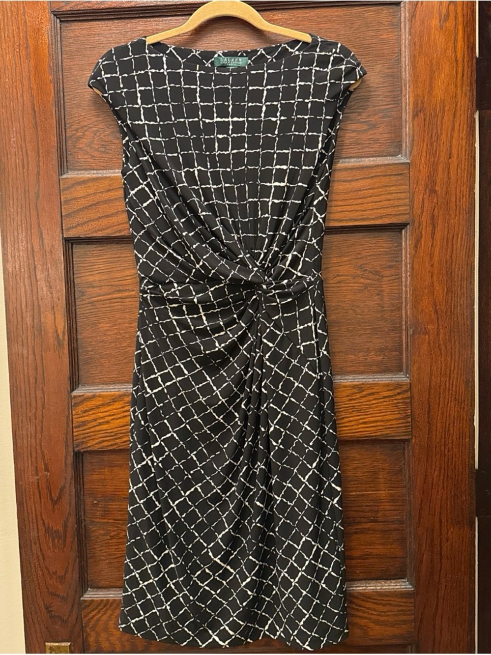 Lauren Ralph Lauren Black Dress with White Grid Print and Twist Front